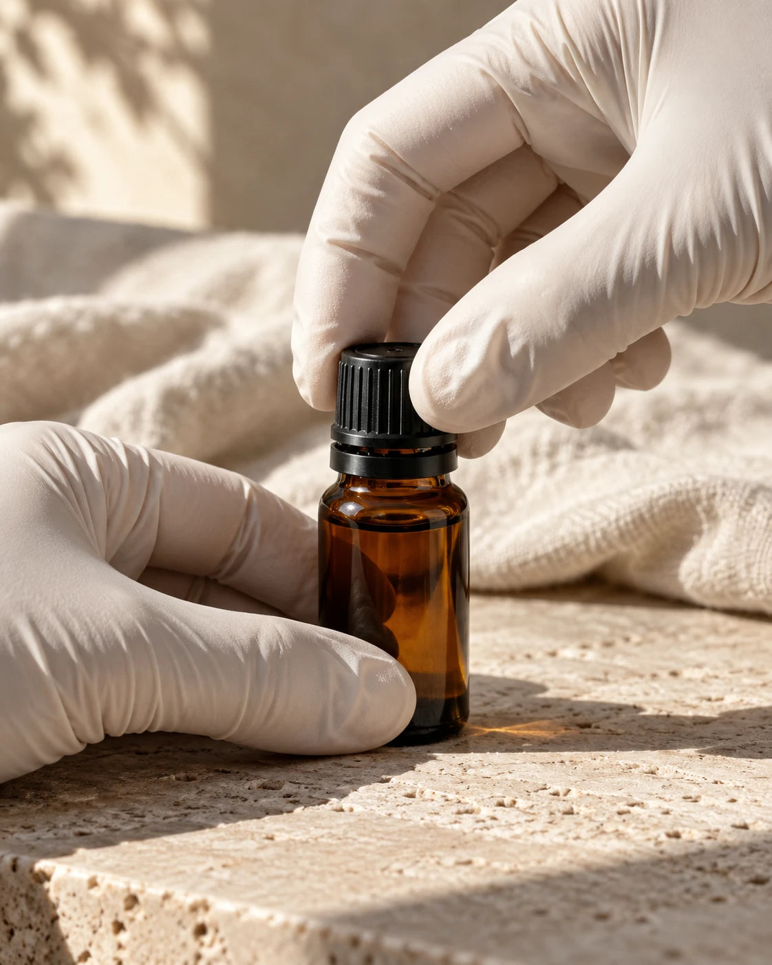 Gloved hands sealing a bottle of Delune organic essential oil