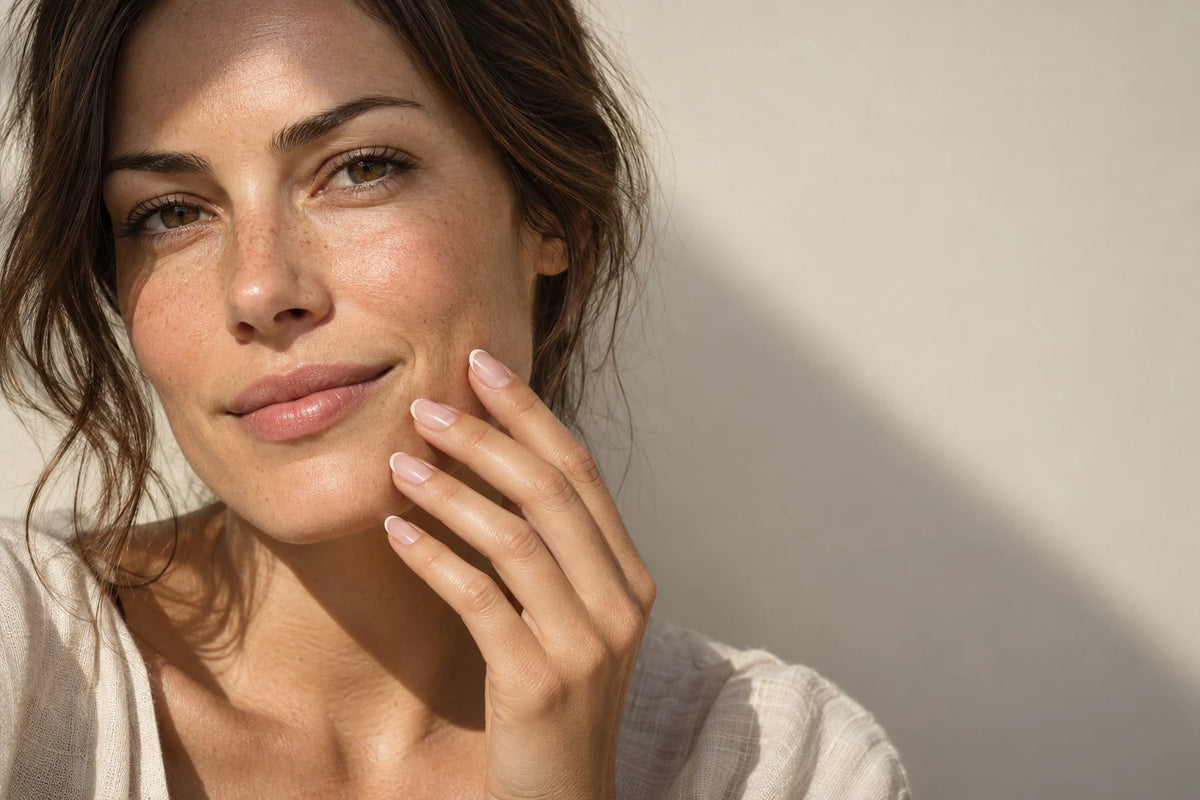 Woman with freckles and a soft smile resting her fingertips against her jaw, wearing Delune French Manicure nail wraps in warm sunlight