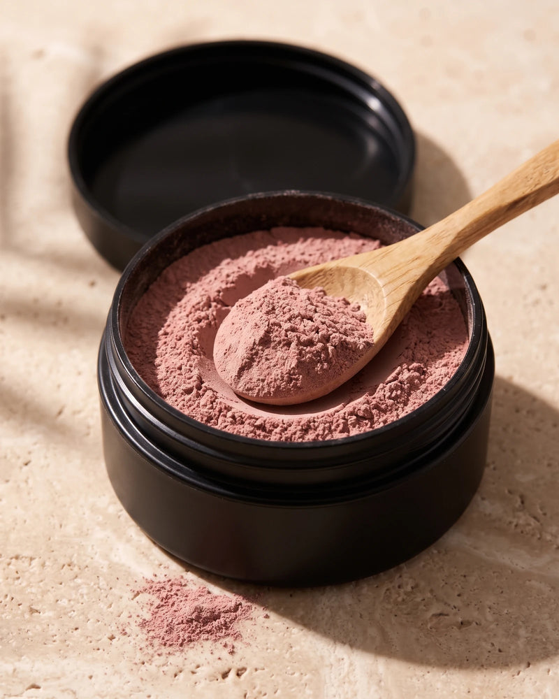 Clay face mask UAE – Open jar of Delune Dubai French Rose Clay showing the soft dry pink clay powder with a wooden spoon