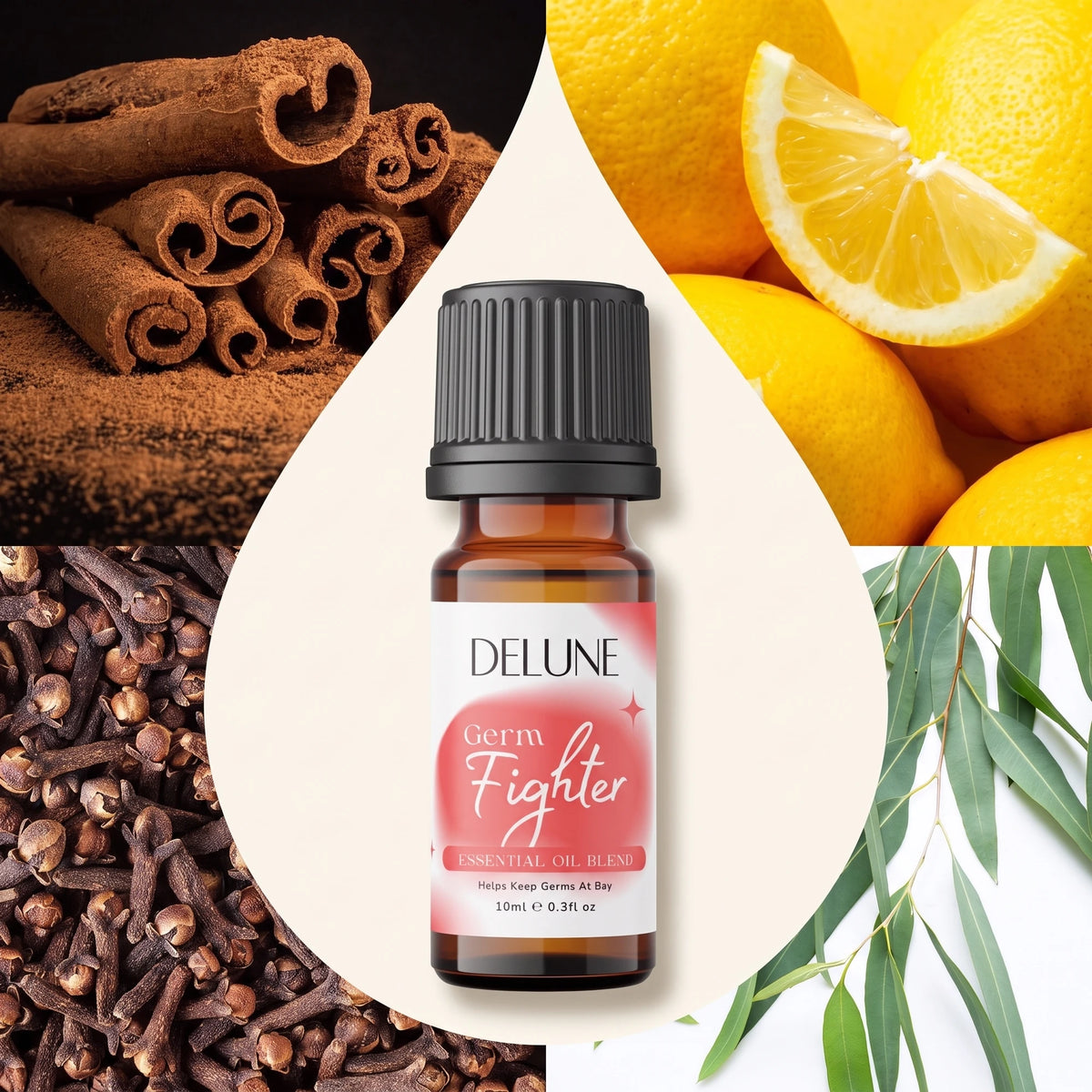 Essential oil blend UAE – Delune Dubai Germ Fighter Essential Oil Blend surrounded by its ingredients: cinnamon, lemon