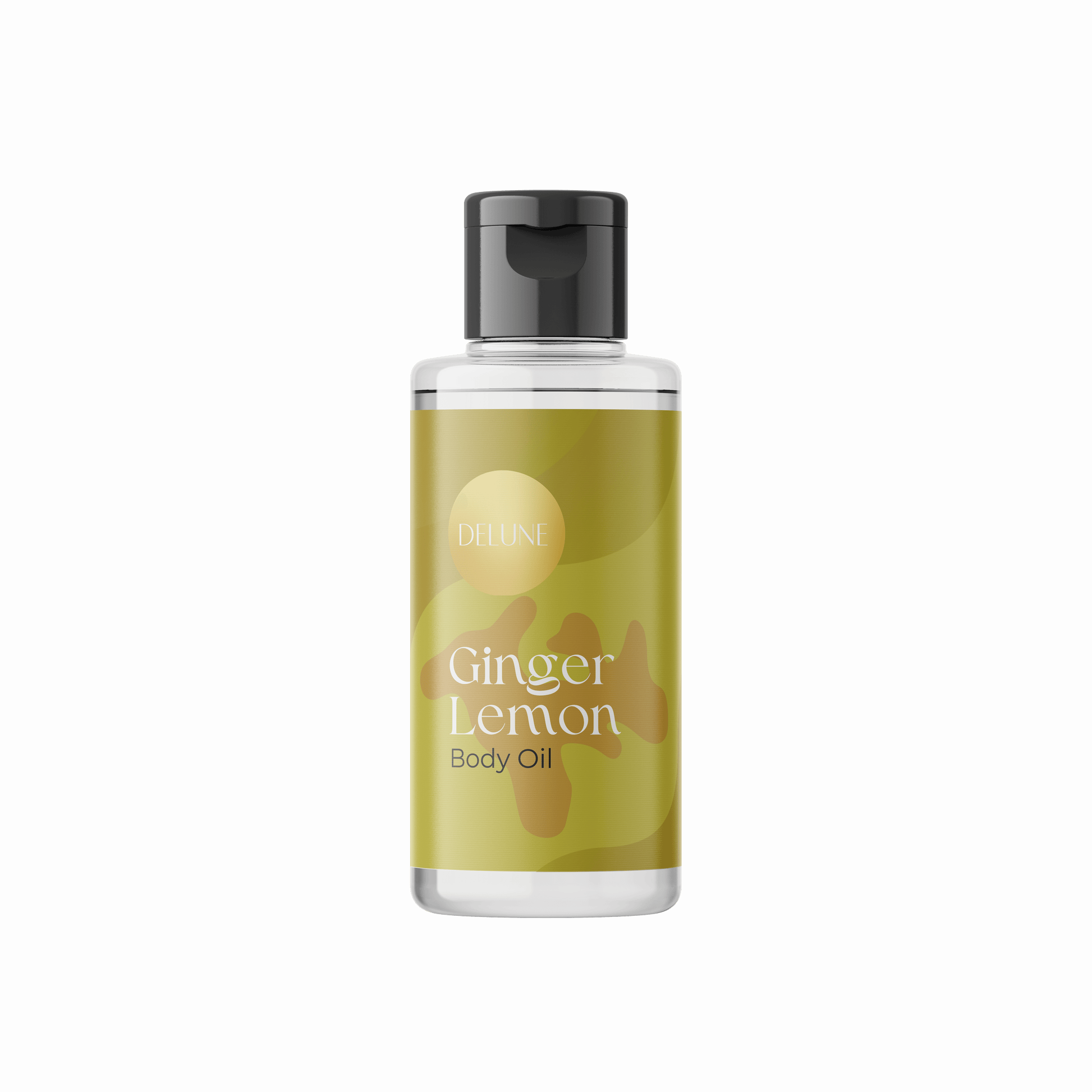 Delune Ginger Lemon Body Oil bottle with invigorating lemon and ginger scent, rejuvenates skin and boosts energy levels.