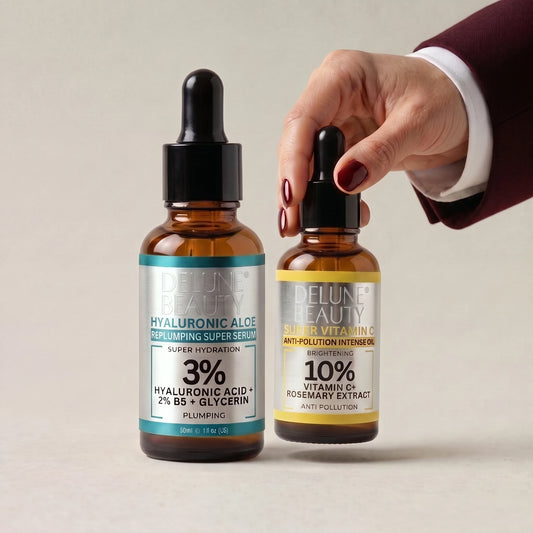 Skincare set UAE – Hand taking Super Vitamin C from the Delune Dubai Hyaluronic Acid and Vitamin C Serum Duo