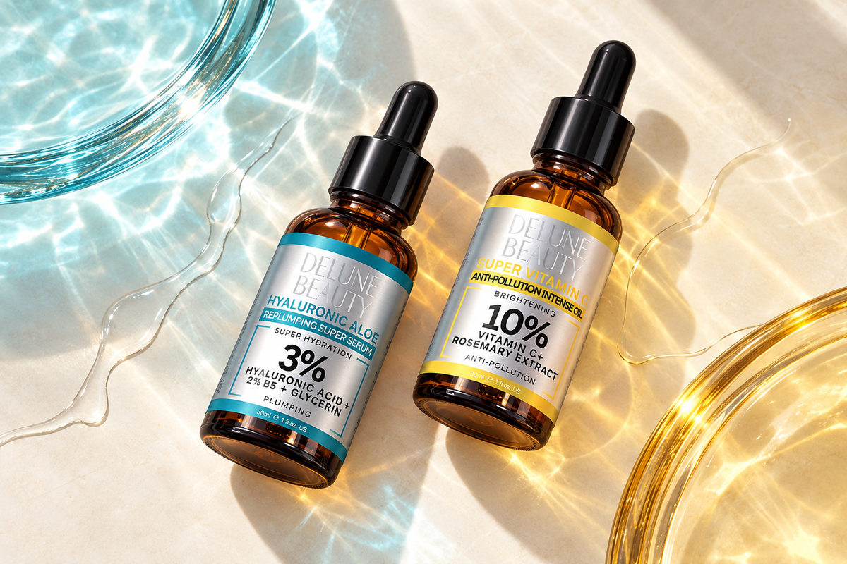 Delune Hyaluronic Aloe B5 and Vitamin C duo in aqua and golden light.