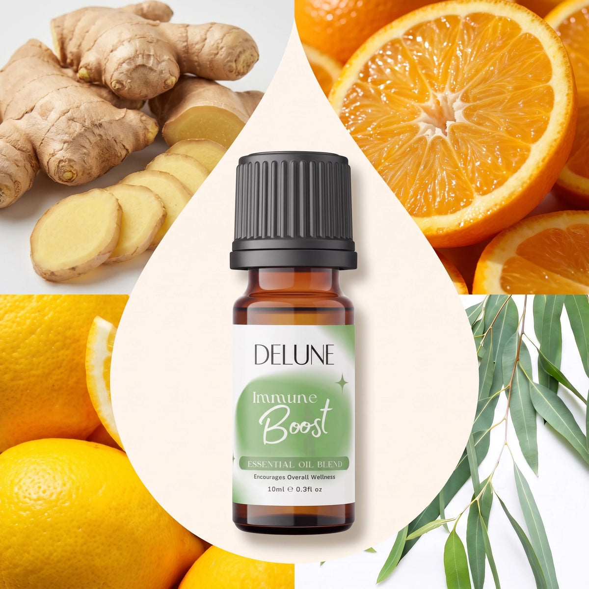 Essential oil blend UAE – Delune Dubai Immune Boost Essential Oil Blend surrounded by its ingredients: ginger, orange