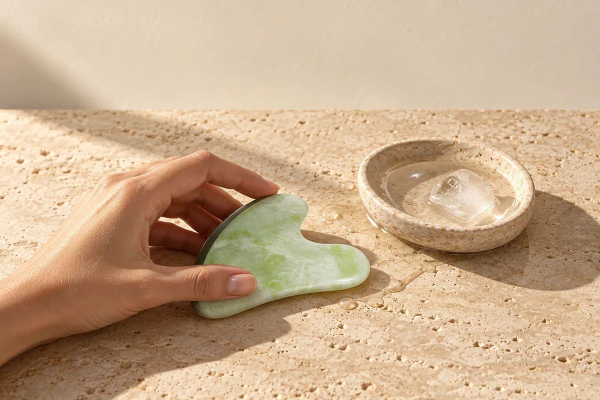 Hand holding a jade gua sha on travertine beside a stone dish of water with a melting ice cube