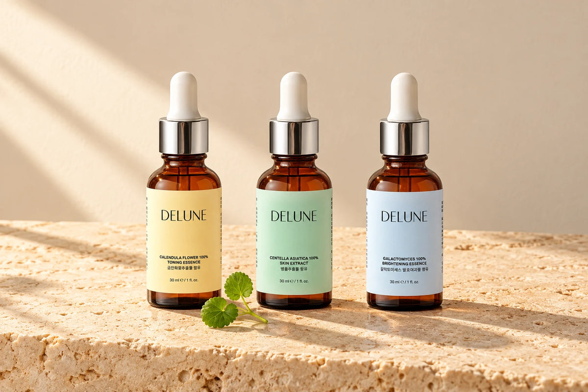 Delune Calendula, Centella Asiatica and Galactomyces 100% K-Beauty essences in dropper bottles on sunlit travertine