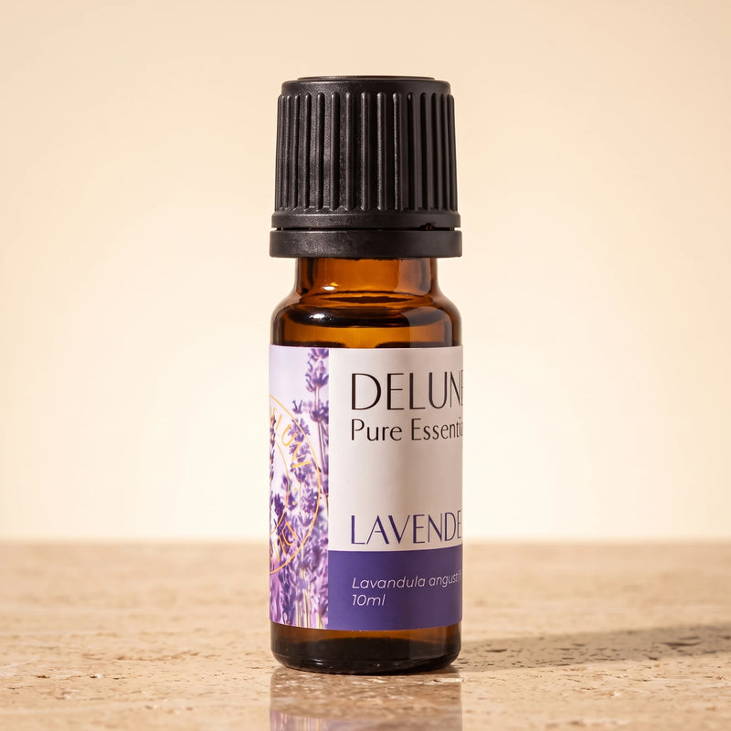 Delune Lavender (Bulgarian) Pure Essential Oil, 10ml amber glass bottle on warm travertine stone