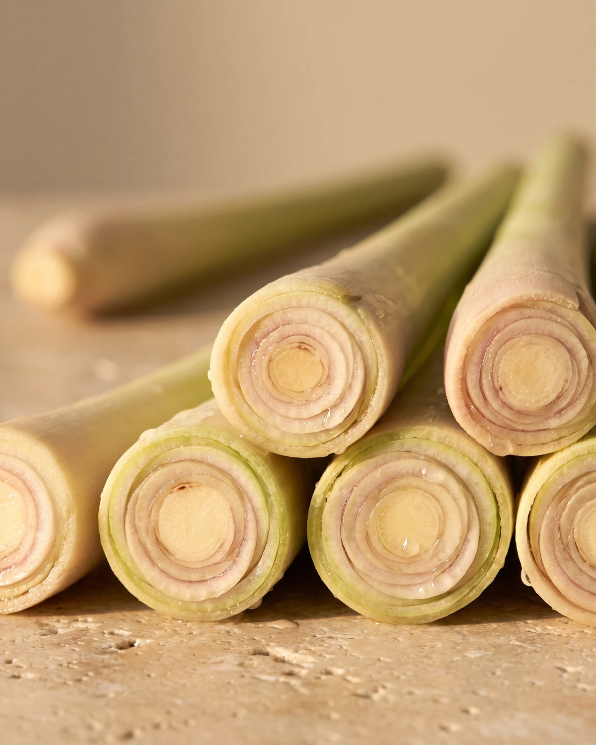 Lemongrass essential oil UAE – Delune Dubai: freshly cut lemongrass stalks showing their pale concentric rings in warm light
