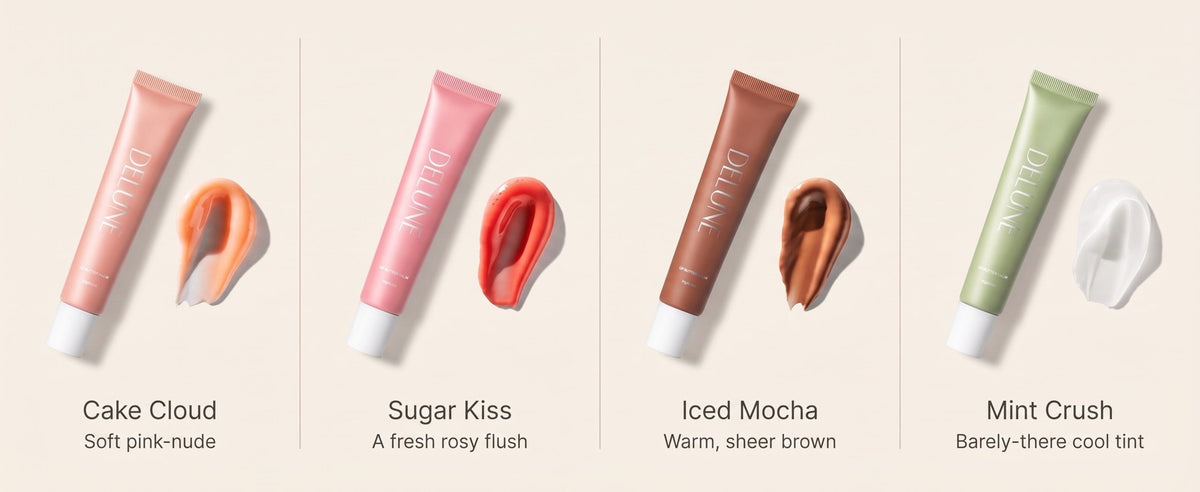 Delune Lip Butter Balm in four shades: Cake Cloud, Sugar Kiss, Iced Mocha and Mint Crush, each tube with its swatch