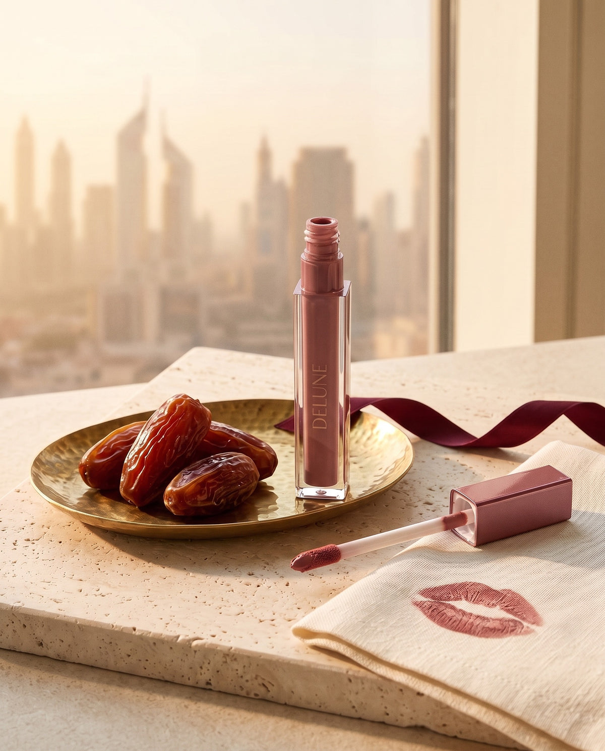 Delune LuxMatte in Date in Dubai with Medjool dates and the Dubai skyline