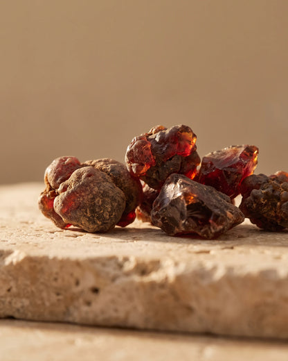 Myrrh essential oil UAE – Delune Dubai: raw myrrh resin pieces glowing deep garnet in warm backlight