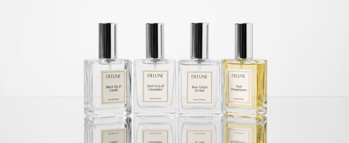 Four Delune eau de parfum bottles in a row: Black Fig & Cassis, Earl Grey & Cucumber, Rose Velvet & Oud and Dark Pomegranate