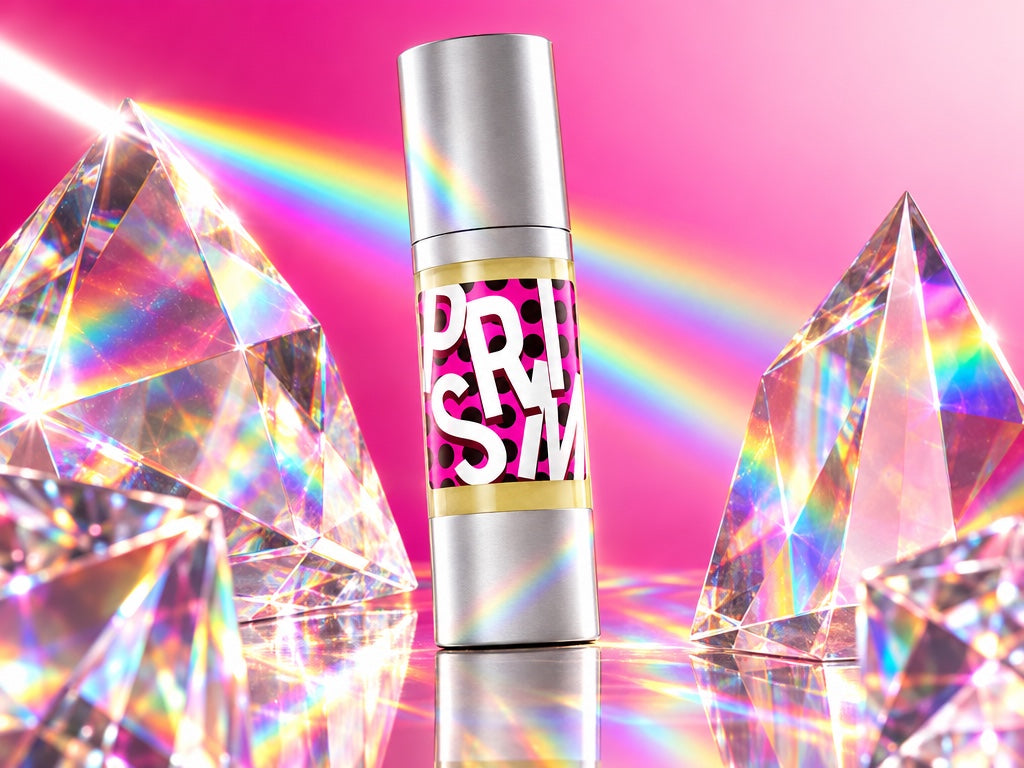 Delune Prism HD Makeup Primer among crystal prisms and rainbow light on hot pink