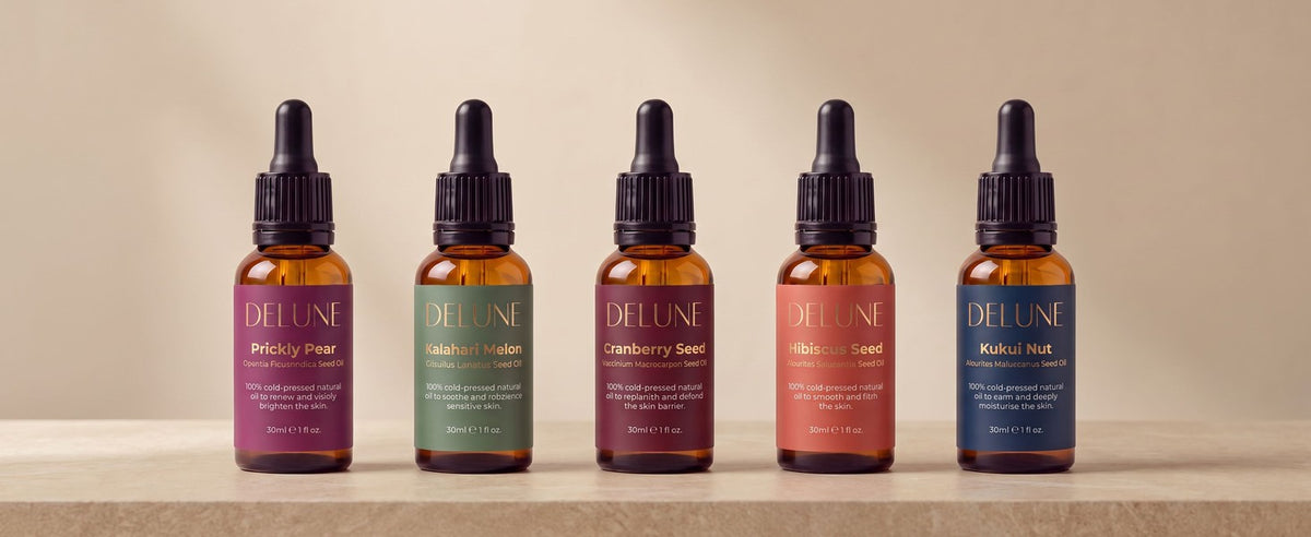 Delune rare seed oils: Prickly Pear, Kalahari Melon, Cranberry Seed, Hibiscus Seed and Kukui Nut