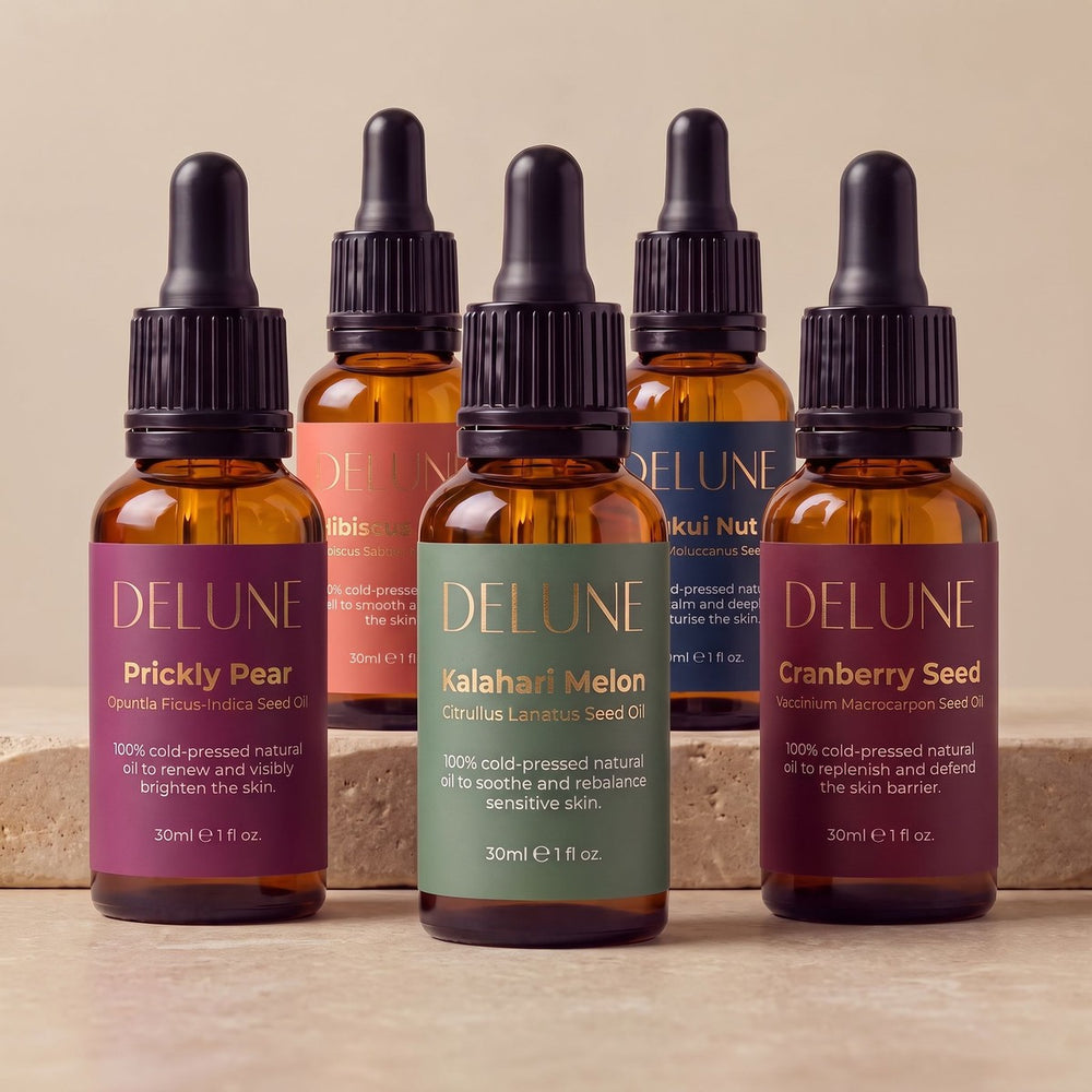 Delune rare seed oils: Prickly Pear, Kalahari Melon, Cranberry Seed, Hibiscus Seed and Kukui Nut