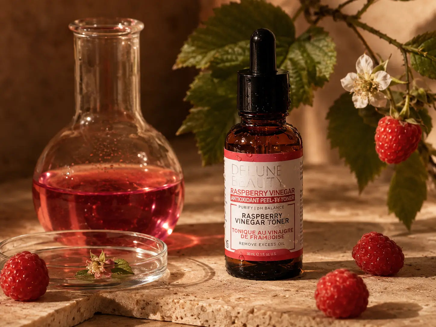 Delune Raspberry Vinegar Toner in a warm editorial still life with raspberries
