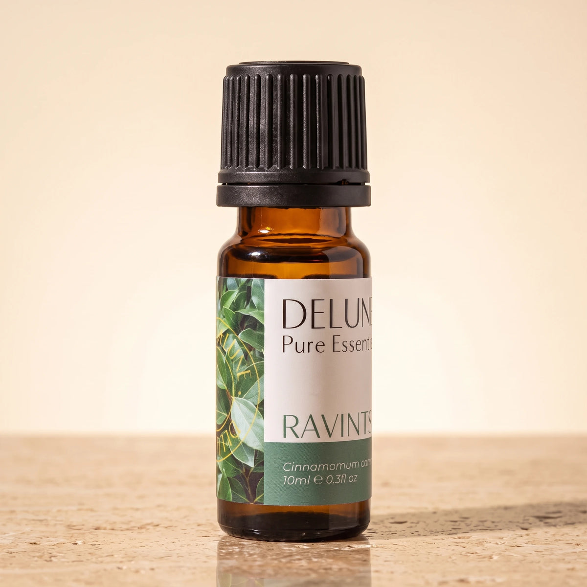 Ravintsara essential oil UAE – Delune Dubai Ravintsara Pure Essential Oil, 10ml amber glass bottle on warm travertine stone