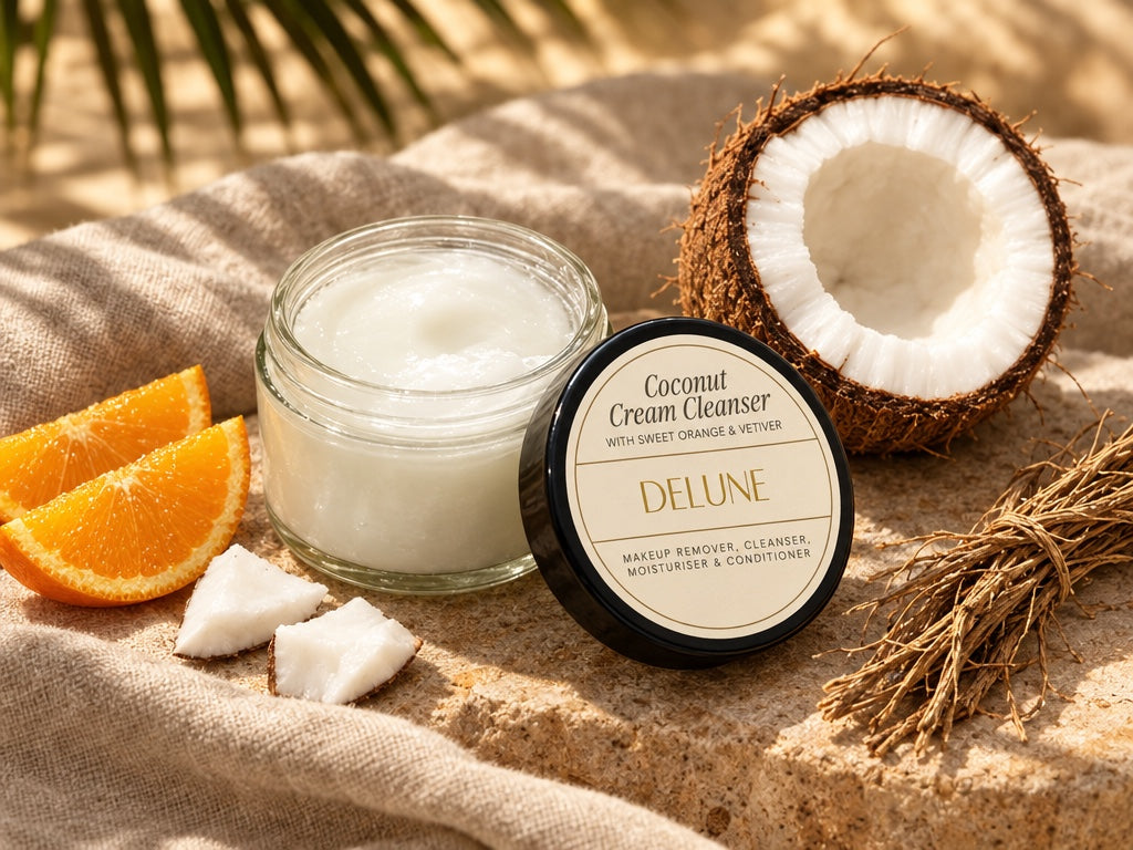 Open jar of Delune Coconut Cream Cleanser with fresh coconut, sweet orange and vetiver roots in sunlight