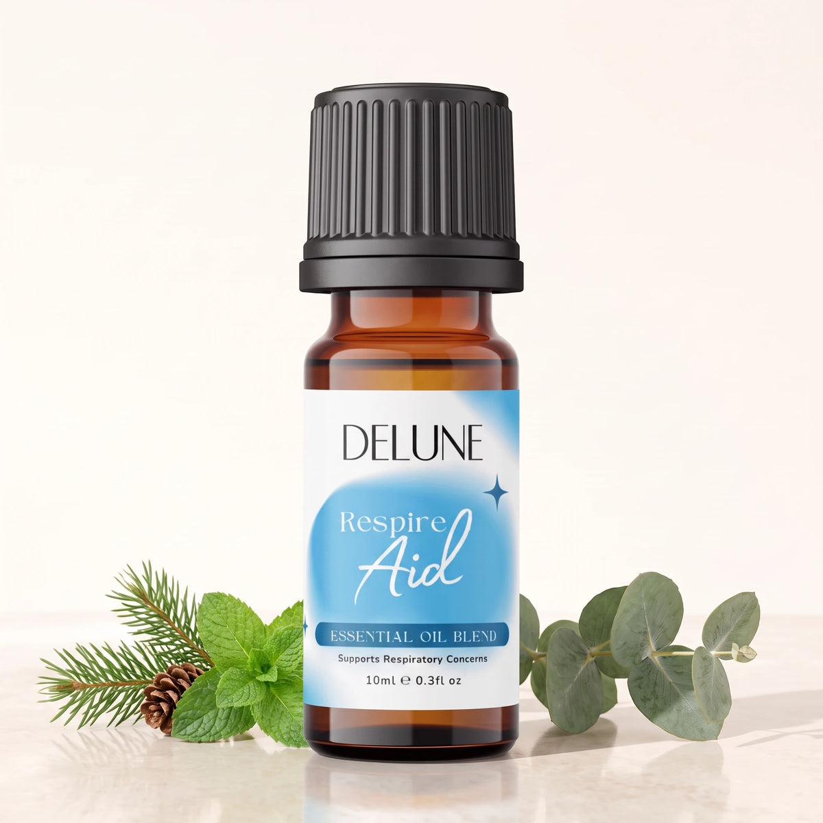Essential oil blend UAE – Delune Dubai Respire Aid Essential Oil Blend 10ml amber glass bottle with fresh eucalyptus