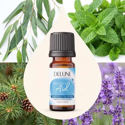Essential oil blend UAE – Delune Dubai Respire Aid Essential Oil Blend surrounded by its ingredients: eucalyptus, mint