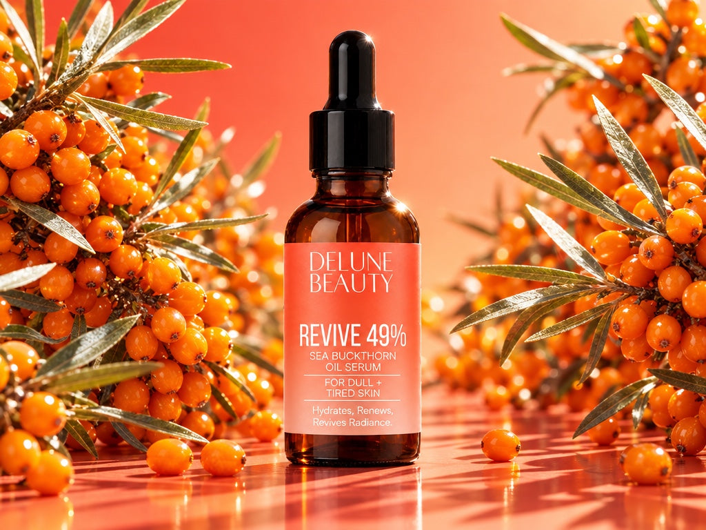 Delune Revive 49% Sea Buckthorn Oil Serum with orange sea buckthorn branches on coral