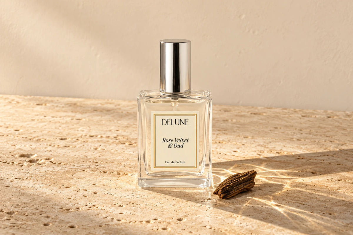 Delune Rose Velvet & Oud Eau de Parfum on warm travertine in sunlight beside a piece of oud wood
