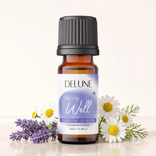 Essential oil blend UAE – Delune Dubai Sleep Well Essential Oil Blend 10ml amber glass bottle with fresh lavender and
