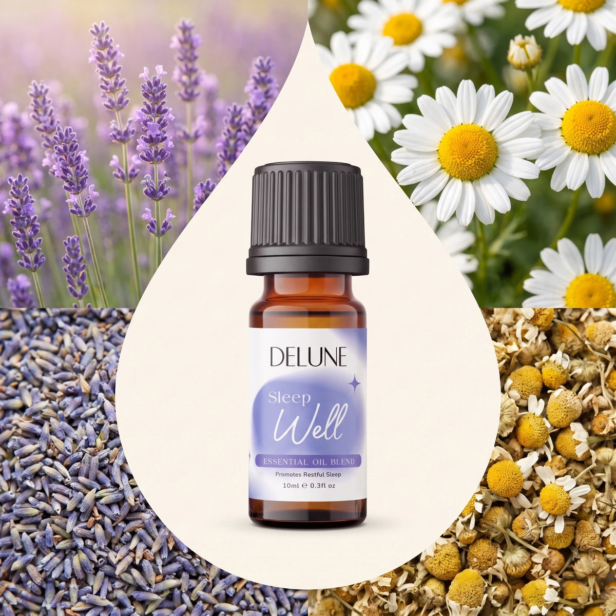 Essential oil blend UAE – Delune Dubai Sleep Well Essential Oil Blend surrounded by its ingredients