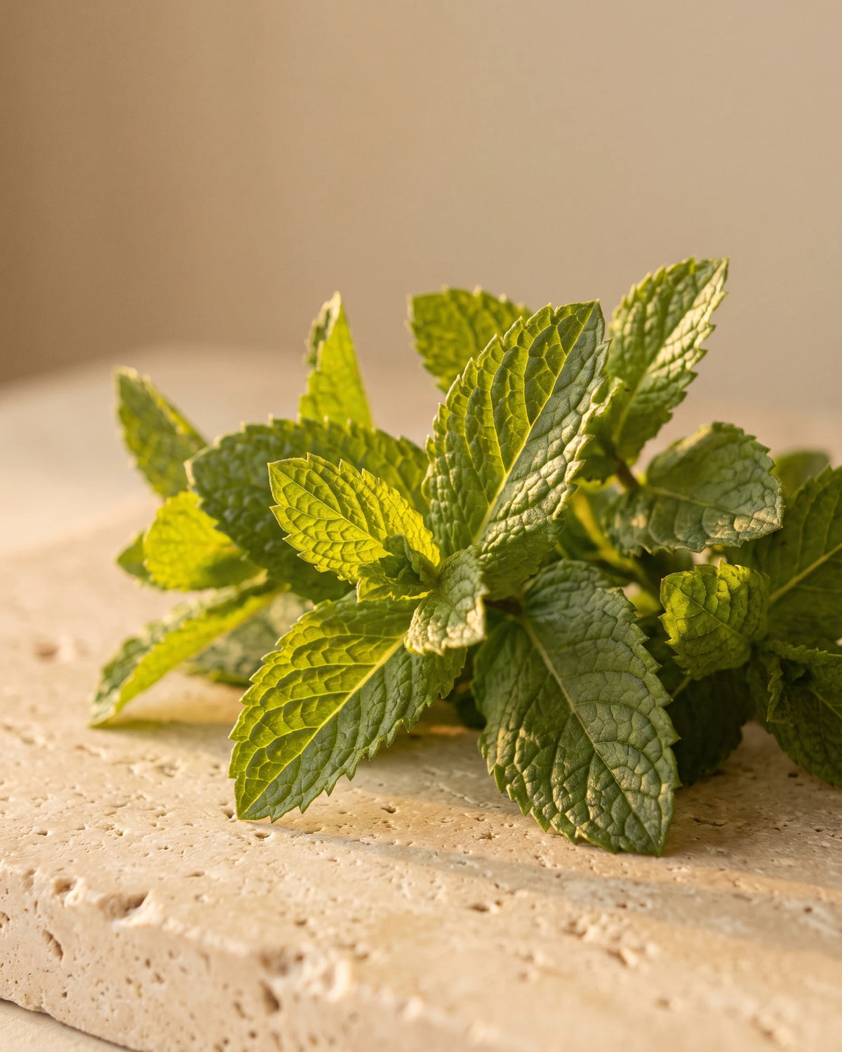 Fresh serrated spearmint leaves backlit by warm sunlight — the sweet, cool minty scent of Delune Spearmint Pure Essential Oil