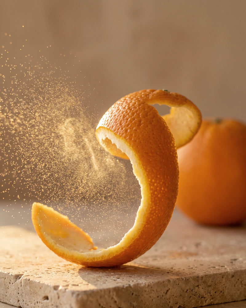 A twist of fresh orange peel releasing a fine golden mist of zest in warm backlight — the sweet, sunny scent of Delune Sweet Orange Pure Essential Oil