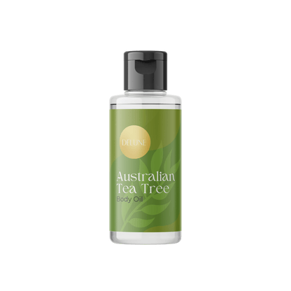 Delune Tea Tree Body Oil bottle with antiseptic properties for skin cleansing and protection