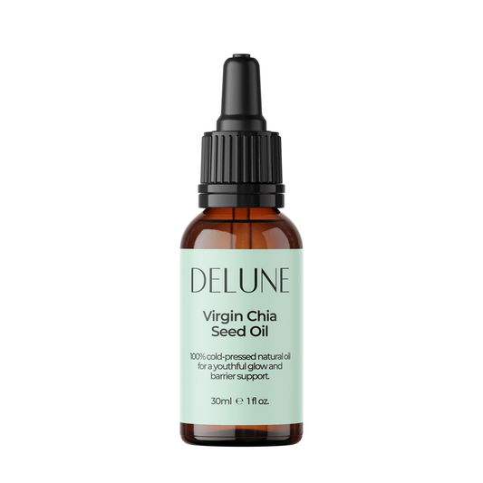 Delune Virgin Chia Seed Oil bottle, rich in Omega-3, antioxidants, and vitamins, for deep nourishment and skin revitalization.