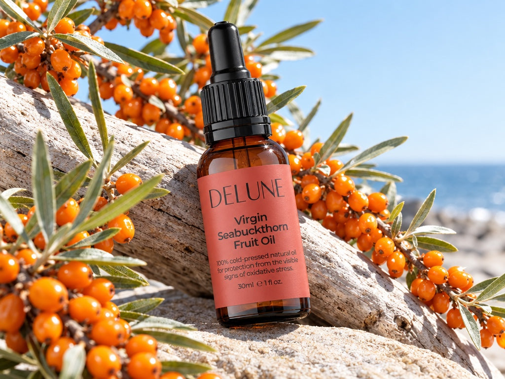 Delune Virgin Seabuckthorn Fruit Oil on driftwood with orange sea buckthorn berries by the sea