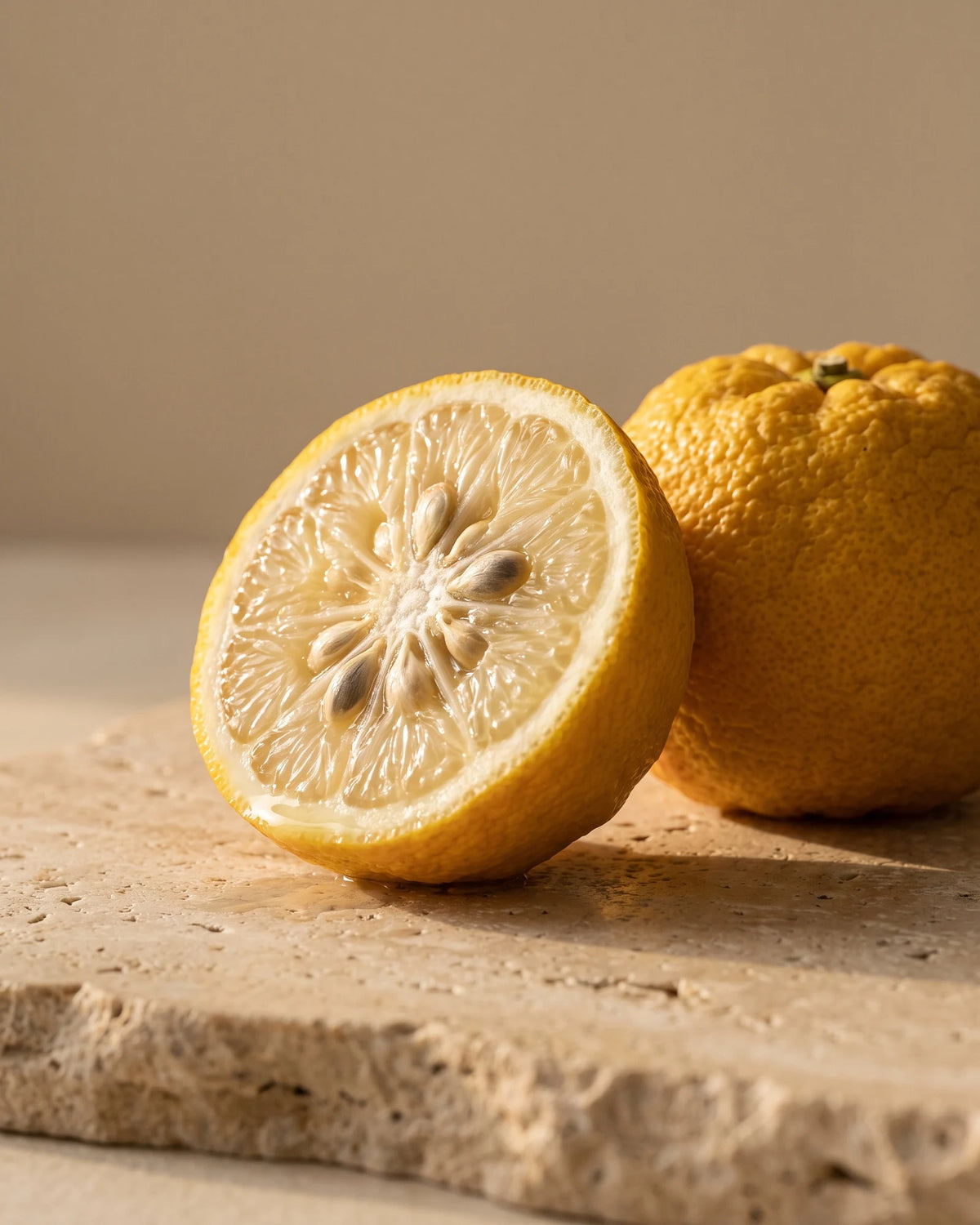 A halved yuzu beside a whole bumpy-skinned yuzu on warm travertine — the bright, floral citrus scent of Delune Yuzu Pure Essential Oil