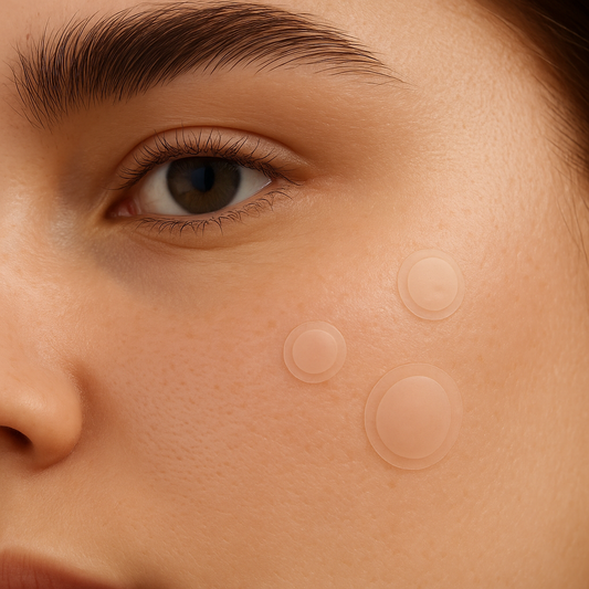 Close-up of Delune's vanishing pimple patches on skin, blending seamlessly and reducing redness, promoting natural healing.