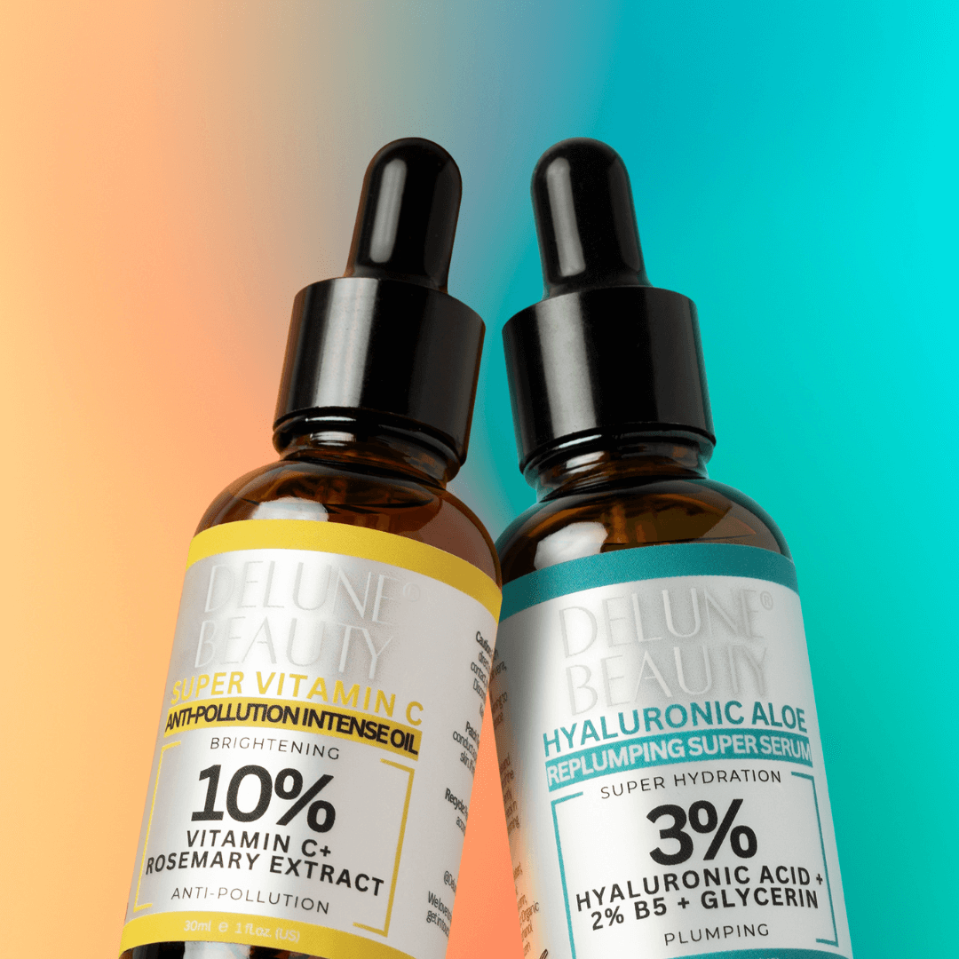 Delune Hyaluronic Acid and Vitamin C Serum Duo for plumper, radiant skin. Hydrating and brightening skincare essentials.