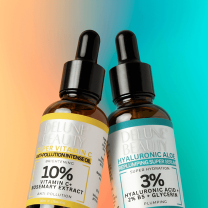 Delune Hyaluronic Acid and Vitamin C Serum Duo for plumper, radiant skin. Hydrating and brightening skincare essentials.