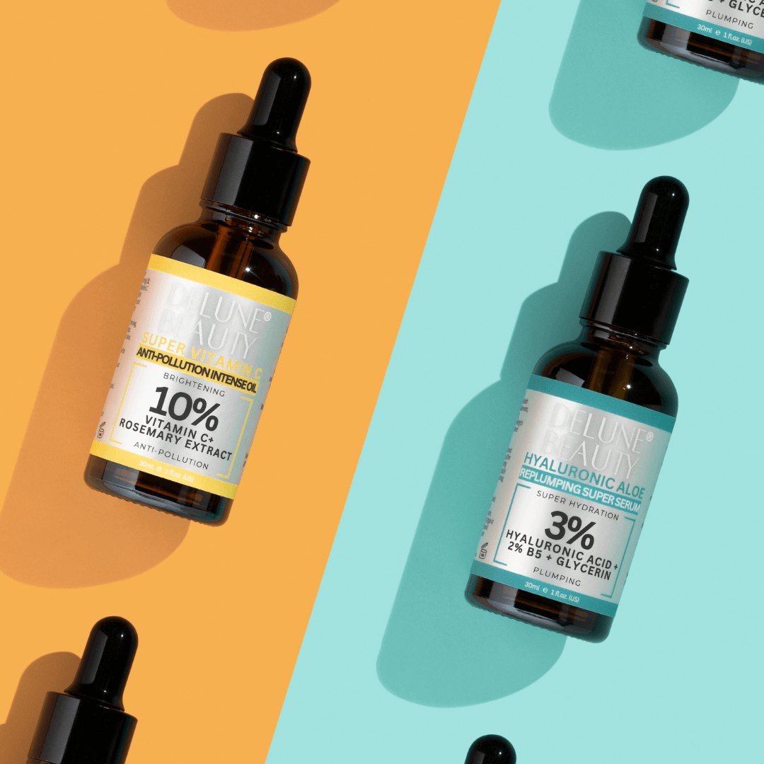Delune Hyaluronic Aloe B5 and Super Vitamin C serums on a split orange and mint background