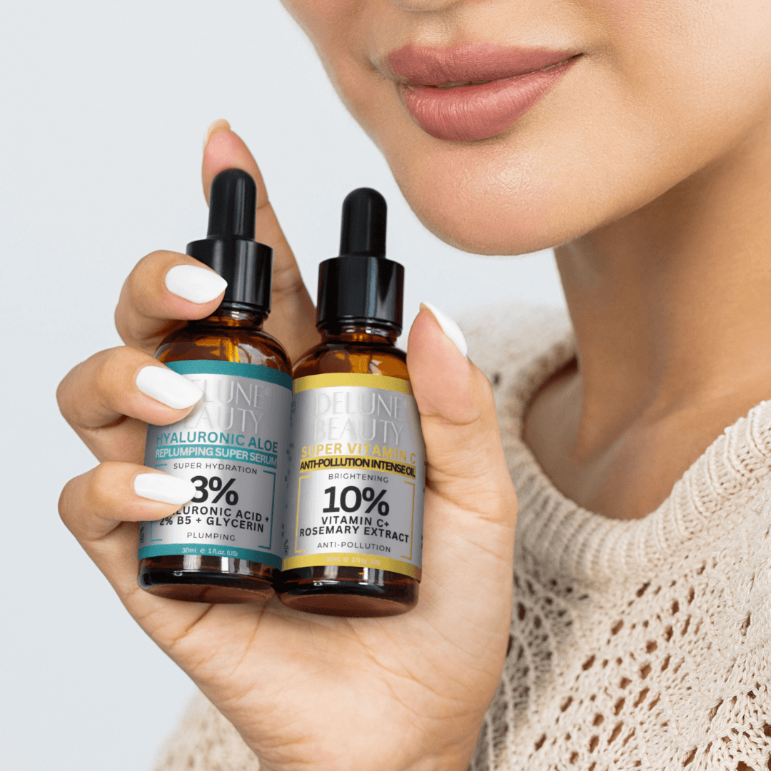 Woman holding Delune Hyaluronic Acid and Vitamin C Serum Duo, featuring 3% hyaluronic acid and 10% vitamin C for radiant skin.