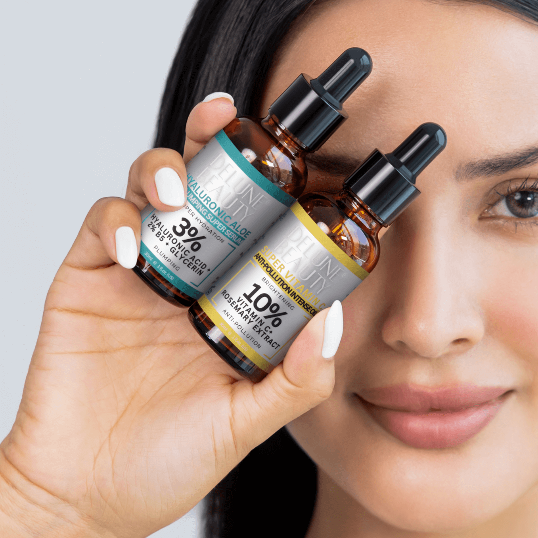 Woman holding Delune Hyaluronic Acid and Vitamin C Serum Duo for radiant skin, featuring 3% formulation for hydration and radiance.