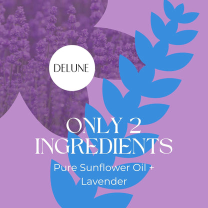 Delune Lavender Body Oil label with lavender fields and sunflower oil