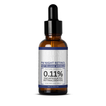 Delune PM Night Retinol Power Serum with 0.11% encapsulated retinaldehyde for wrinkle reduction and texture renewal.
