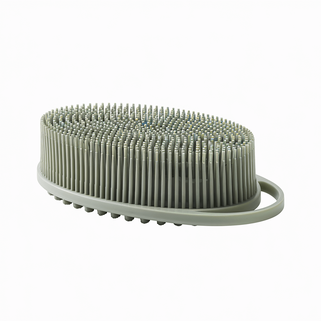 Delune Silicone Body Scrubber with dual-sided design for cleansing and massaging, featuring durable bristles and easy hanging loop.