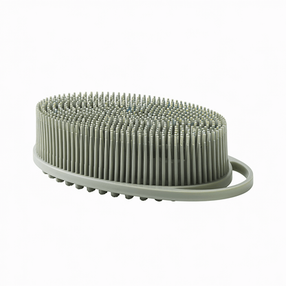 Delune Silicone Body Scrubber with dual-sided design for cleansing and massaging, featuring durable bristles and easy hanging loop.