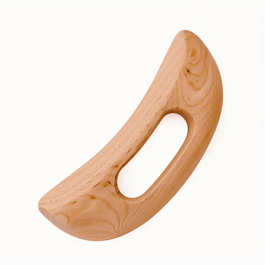 Wooden body massager with ergonomic design for reducing muscle tension, aches, and soreness, enhancing relaxation and comfort.