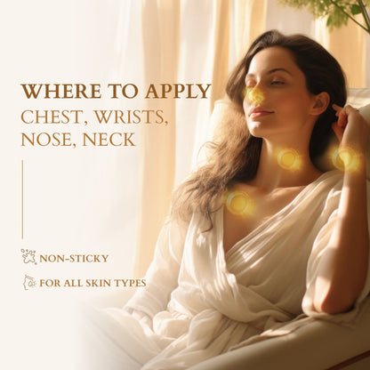 Woman applying essential oil on chest, wrists, nose, neck; text highlights non-sticky formula and suitability for all skin types.