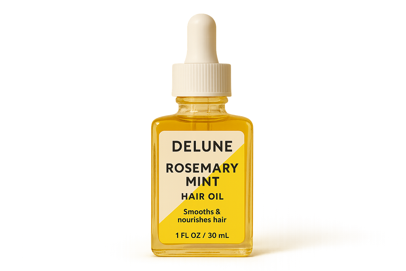 Delune Rosemary Mint Hair Oil bottle for scalp care and hair nourishment with argan, jojoba, and sweet almond oils.