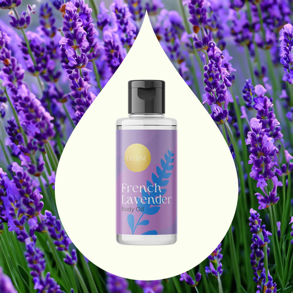 Delune Lavender Body Oil bottle against vibrant lavender flowers, highlighting its calming and soothing properties.