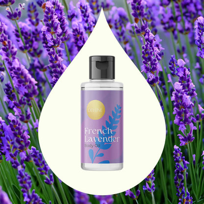 Delune Lavender Body Oil bottle against vibrant lavender flowers, highlighting its calming and soothing properties.