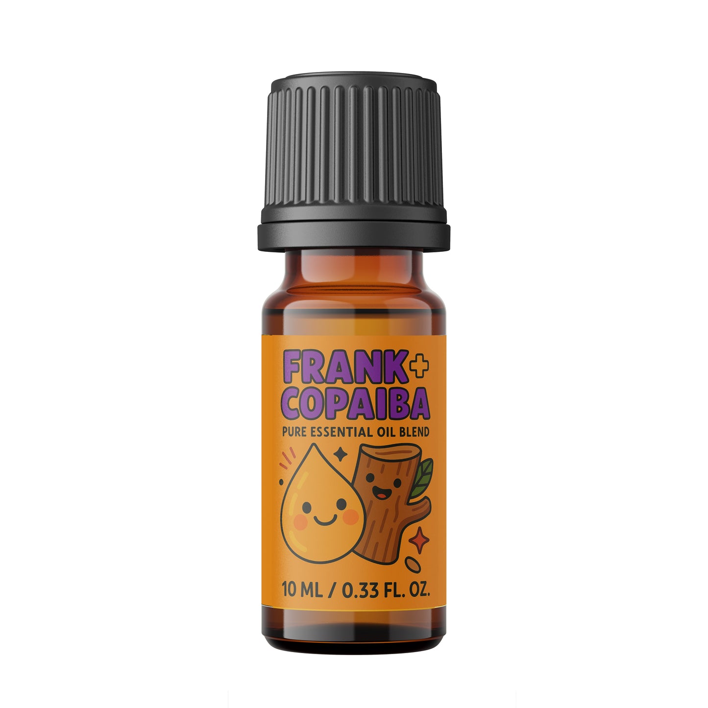 Alt Tag: Frank + Copaiba Essential Oil Blend bottle featuring cute character illustrations.